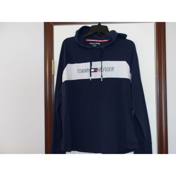 Tommy Hilfiger Navy Blue Sport Hoodie with White Logo‎ Band Casual Sweatshirt - Picture 1 of 3